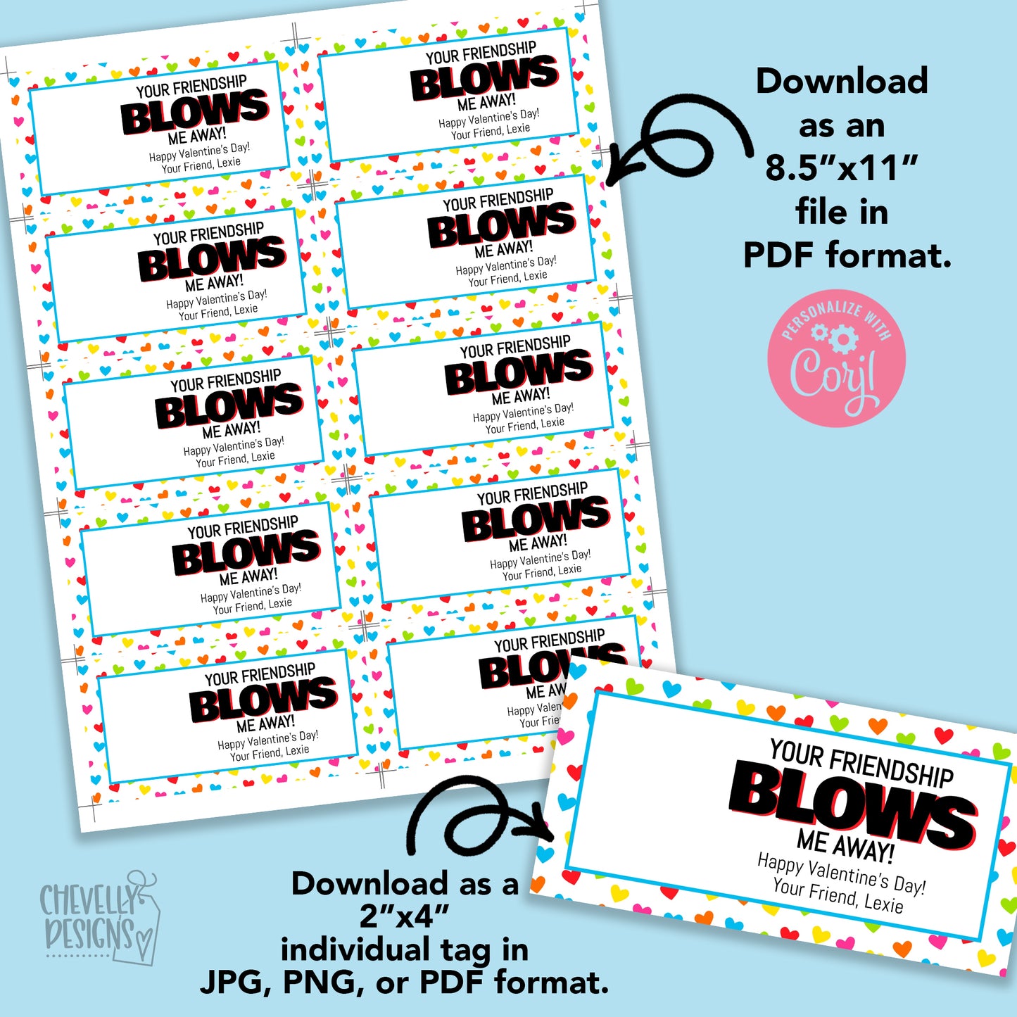 Editable - Your Friendship Blows Me Away - Bubble or Gum Valentine Cards - Printable Digital File