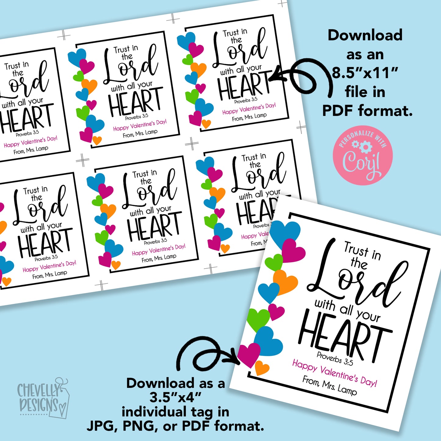 Editable - Trust in the Lord with all Your Heart - Proverbs 3:5 Valentine Cards - Printable Digital File