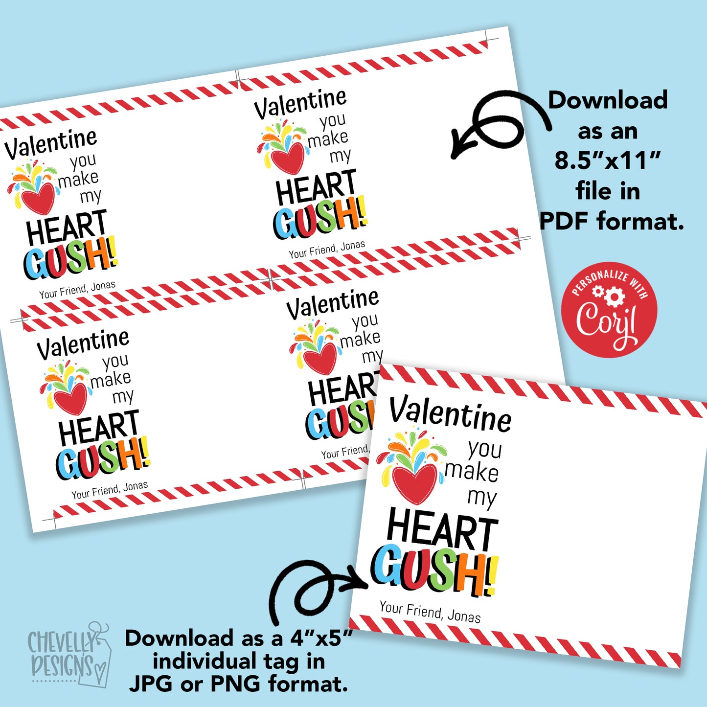 EDITABLE - Valentine You Make My Heart Gush -Class Valentine Cards - Printable Digital File