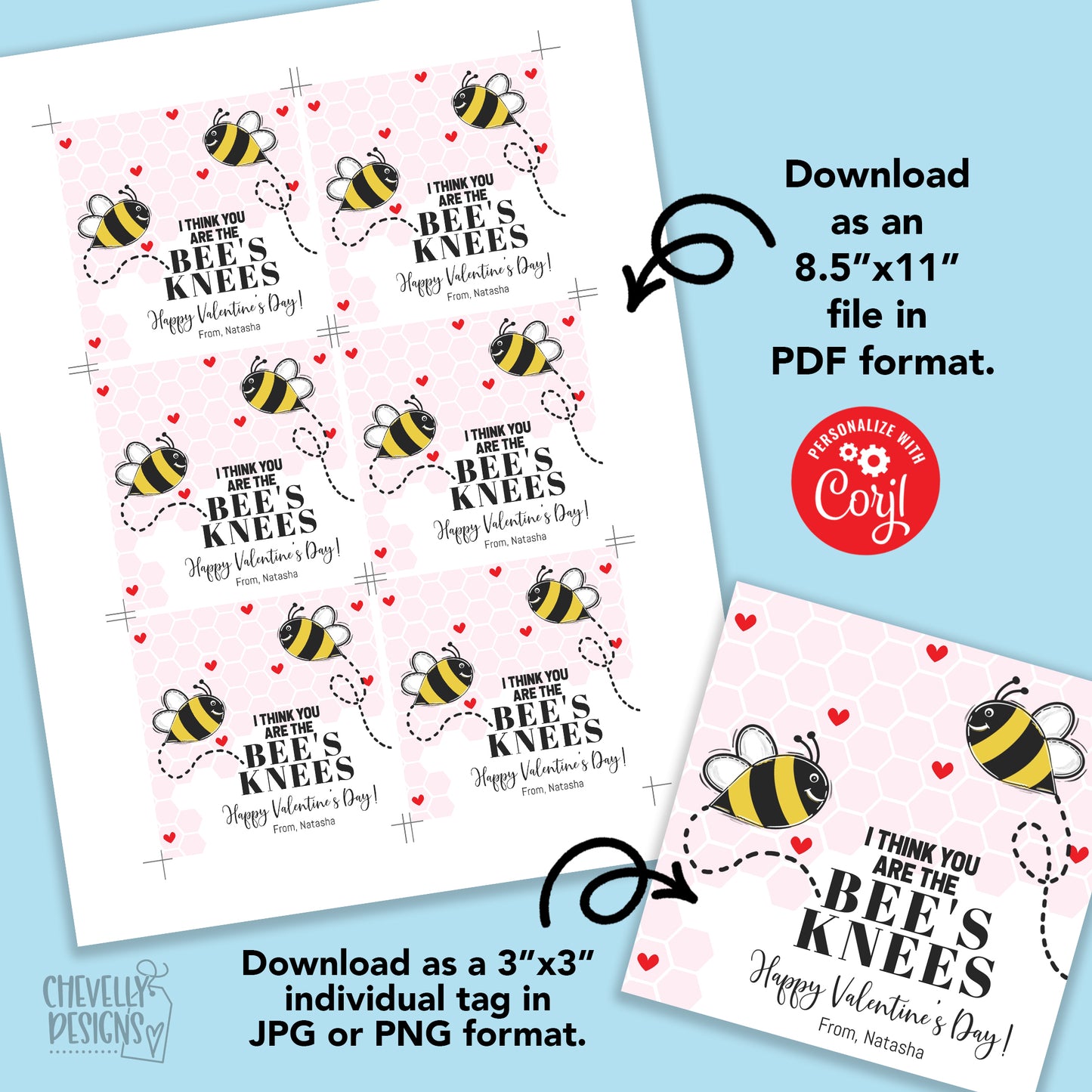 EDITABLE - You are the Bee's Knees - Bee Valentine Cards - Printable Digital File