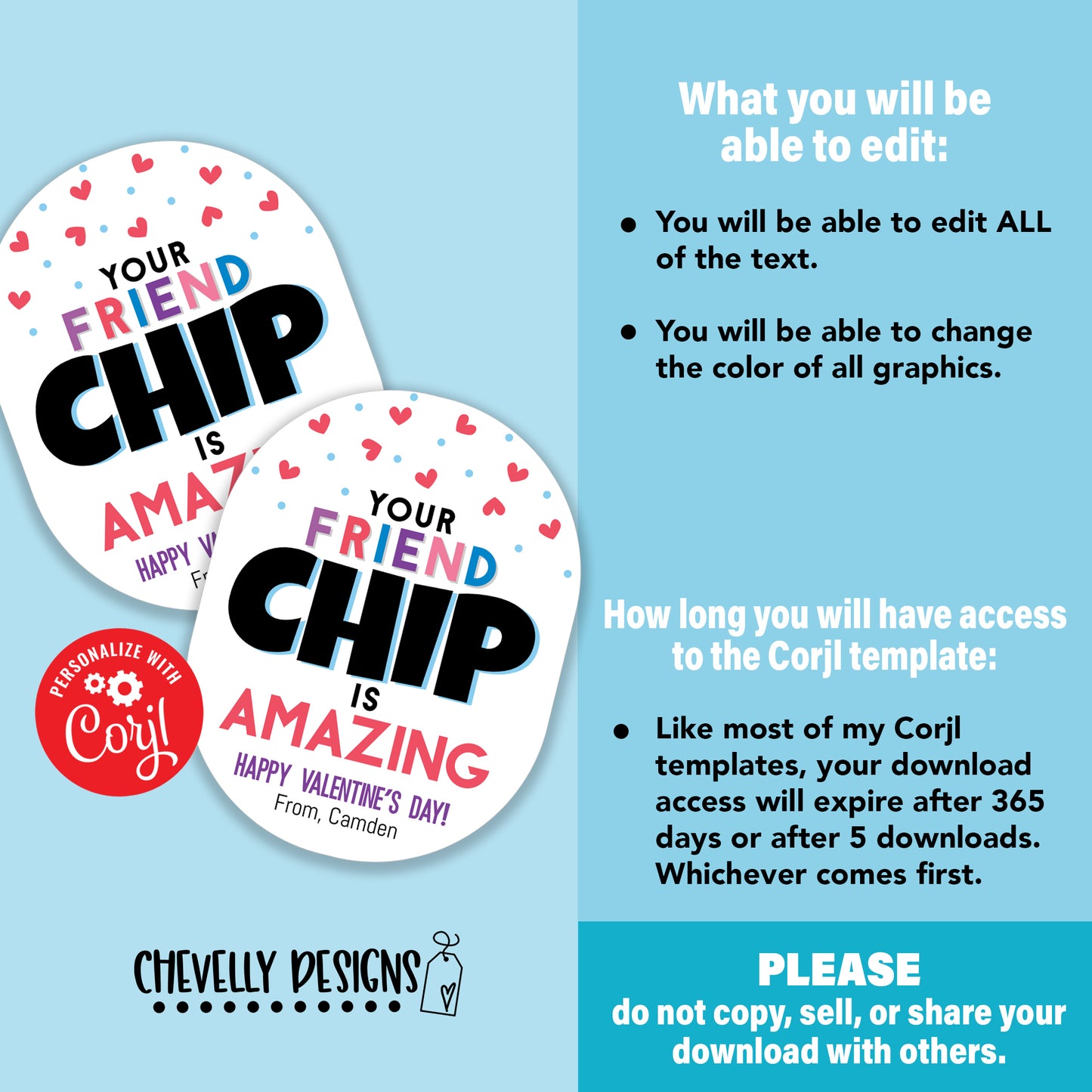 EDITABLE - Friend Chip Valentine Cards - Printable Class Valentine's Day Cards - Digital File