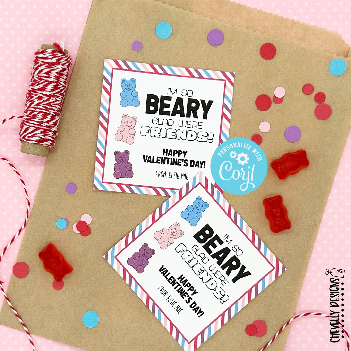 EDITABLE - I'm so Beary Glad We're Friends - Printable Class Valentine's Day Cards - Digital File