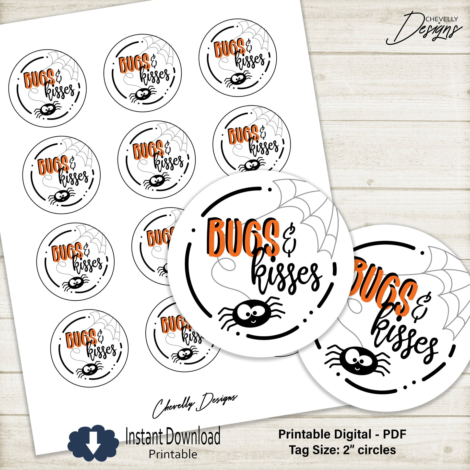 Printable Bugs and Kisses Gift Tags - 2" spider halloween tag - HT080 - Instant Download