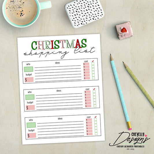 Christmas Shopping List - Holiday Budget and Gift Guide - 8.5x11 Planner Page >>>Instant Digital Download<<<
