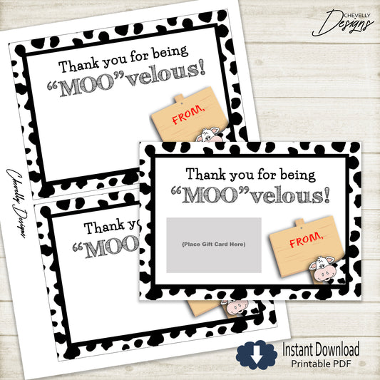 Cow Thank You Gift Card Printable - teacher, school staff, coworker | Printable - Instant Digital File