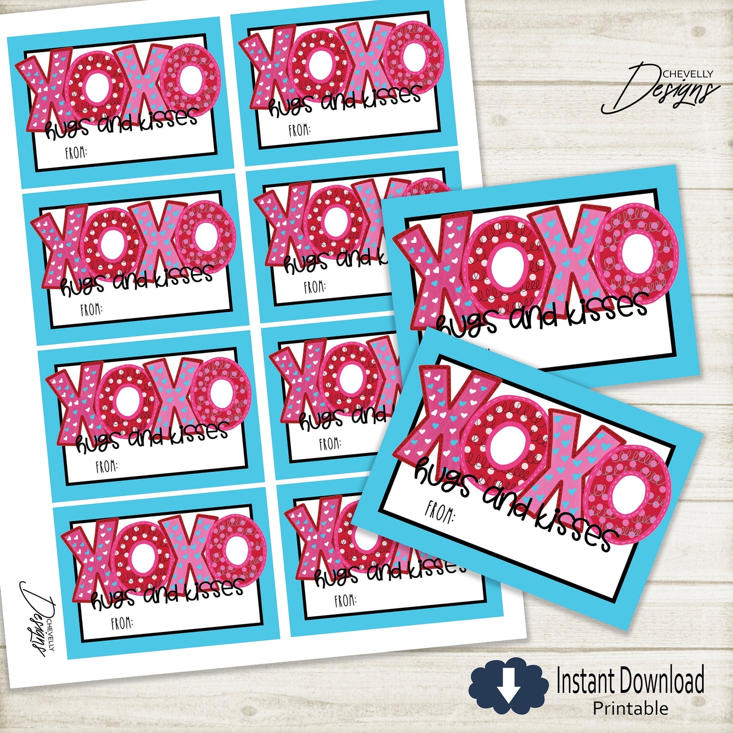 Printable XOXO Valentine Cards - Hugs and Kisses Valentines for Kids >>> Instant Download <<<