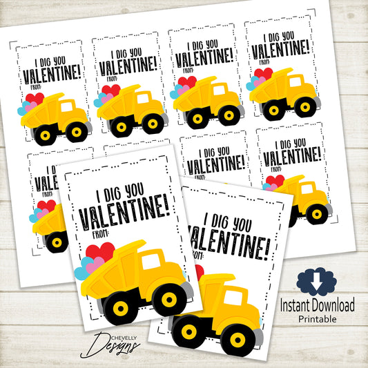 Printable - I Dig You Valentine Cards - Dump Truck - Construction Valentine's for kids >>>Instant Digital Download<<<